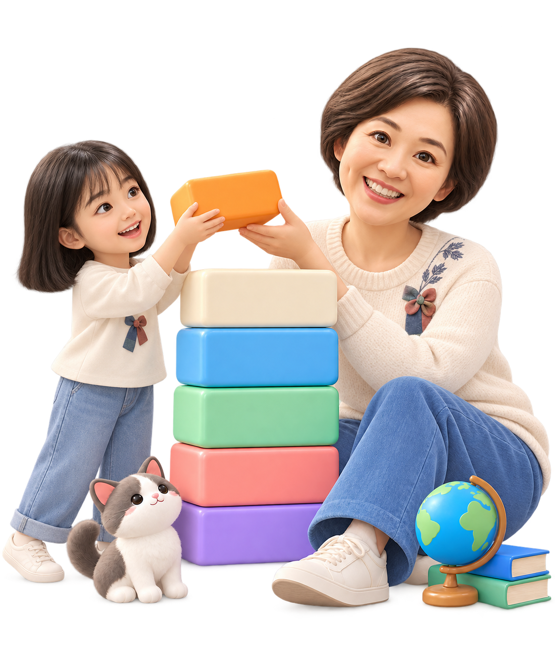 A mother and daughter building colorful Korean learning blocks together